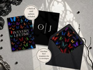 A wedding invitation card with a butterfly pattern, a minimalist monogram card, and a black envelope with a butterfly envelope liner.
