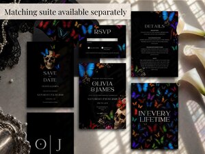 A full suite of matching wedding stationery including invitations, details cards, and RSVP cards is displayed flat.
