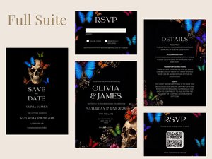 A text-heavy image displays a full suite of wedding stationery alongside instructions for editing the templates.