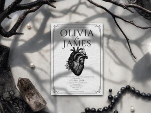 Anatomical heart wedding invitation reading Olivia and James surrounded by black pearls, a crystal, and dark branches on a marble surface.