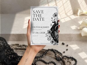 A hand holds a Save the Date card adorned with an illustrated heart and flowers, positioned over a decorative tray and pearls.