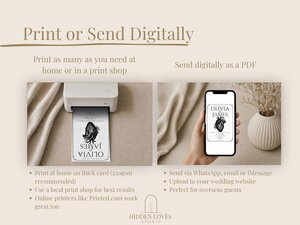 A printer printing a wedding card and a hand holding a phone showing the digital wedding invitation.