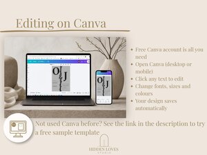 A laptop and a mobile phone display the wedding template editor on screen alongside text instructions for editing on Canva.