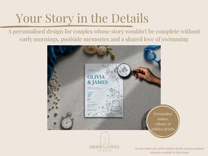 A wedding invitation styled flat lay features text above it, with a hand holding a magnifying glass over the card to reveal hidden pool illustrations.