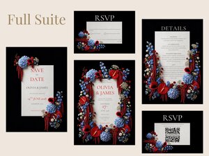 A display of full wedding invitation suite items including Save the Date, RSVP, and details cards featuring black backgrounds with blue and red floral borders.