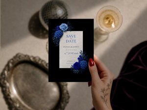 A hand holds a black wedding save the date invitation featuring cobalt blue floral illustrations and text that reads Save the Date Olivia and James 14th June 2028.