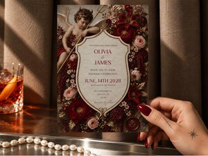 Football wedding invitation featuring red florals framing a devil cherub shield in an old-money-inspired style and subtle soccer heritage details.