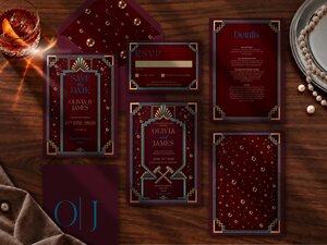 Football wedding invitation suite featuring claret and sky blue Art Deco styling with hammer and bubble details and subtle soccer heritage details across the coordinated design.