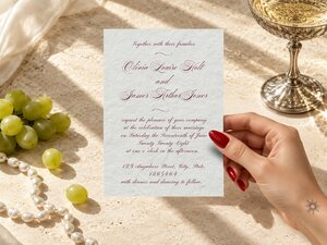 A hand with red nail polish holds a textured wedding invitation on a stone surface decorated with green grapes, pearls, and a silver goblet.