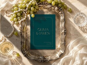 Dark teal wedding invitation resting inside an ornate silver tray surrounded by green grapes, pearls, and a crystal glass.