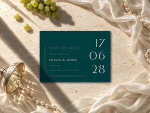 Dark teal save the date card with gold and white text on a stone background with white fabric, pearls, and grapes.