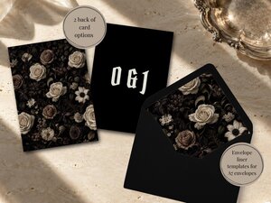 A black wedding invitation card with monogram initials and a matching black envelope with a dark floral liner.