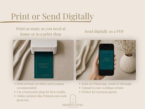 Two images side-by-side demonstrating printing an invitation on a small printer and viewing the digital invitation on a smartphone.