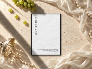 A save the date card on a beige textured surface decorated with grapes, pearls, and draped white fabric, with a round badge in the corner.