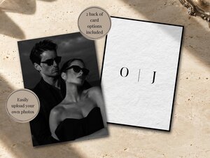 Two cards showing a black and white couple photo on the left and initials O and J on the right, placed on a textured stone background.