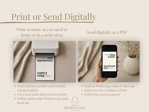 An illustration showing a printer feeding a wedding invitation card alongside a hand holding a smartphone displaying the digital invitation design.