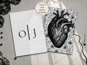 Two back-of-card design options, one showing initials and the other featuring an anatomical heart with the text love never dies.