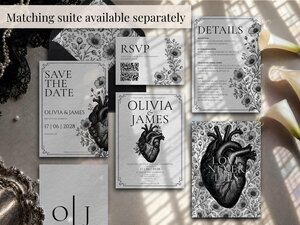 A flat lay of the matching wedding stationery suite including invitations, RSVP cards, and details cards with botanical and anatomical heart designs.