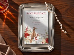 A Save the Date card resting on a silver tray with a pearl strand on a wooden surface next to a glass of whiskey.