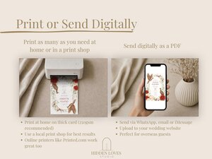 An instructional graphic explaining digital and physical printing options for the wedding templates, shown with a printer and phone.