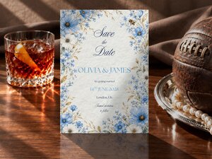 A Save the Date card stands upright on a wooden table next to a glass of amber liquor, a vintage football, and a string of pearls.