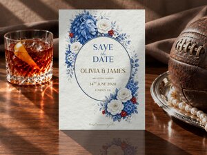 A save the date card featuring blue lions and white roses stands on a wooden table next to an old football and a drink.