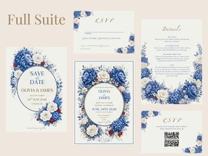 A collection of wedding stationery pieces including a save the date, invitation, and RSVP cards with blue floral designs.