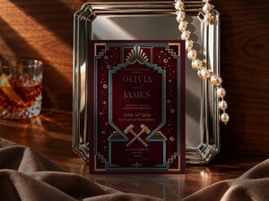 The wedding invitation stands next to a silver tray, a pearl necklace, and a glass of amber liquid.