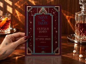 A hand holds a save the date card with claret and blue art deco styling over a wooden surface.