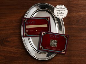 Two burgundy and gold RSVP cards resting on a silver platter over a wooden surface, with a text overlay mentioning traditional and QR code templates.