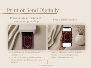 An illustration showing a small printer printing a burgundy wedding card on the left, and a hand holding a phone displaying the digital invitation on the right.
