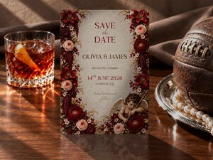 A Save the Date card with red floral trim and a devil cherub illustration is displayed on a wooden table next to a cocktail glass and vintage football.