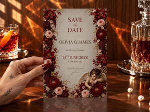 A hand holds a Save the Date card featuring a dark red floral border and a cherub on a wooden table next to a glass and decanter.