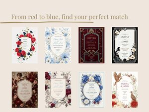 A grid of eight different wedding stationery template designs in red, blue, and black colorways.