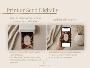 An informational image showing printing options for the stationery, including home printing and digital sharing on a smartphone.