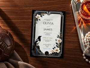 A wedding invitation rests on a wooden table next to a leather football and a glass of amber liquid.
