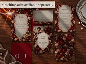 An assortment of matching wedding stationery suite templates including invitations, RSVP cards, and details cards with red floral accents.