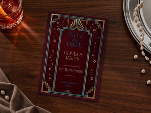 A claret and gold art deco save the date card lies on a wooden surface beside a glass of whiskey and pearls.