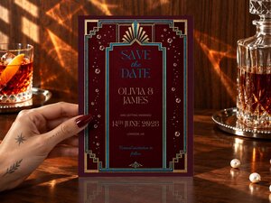 A hand holds an art deco save the date card on a wooden table with a decanter and a glass of whiskey.