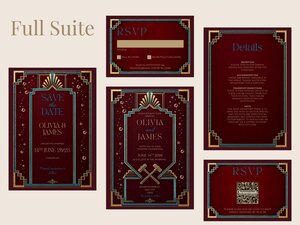 A complete suite of claret and gold art deco wedding stationery includes an invitation, RSVP card, and details card.