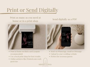 A two-part graphic explains printing and digital sharing options, showing a printer printing a card on the left and a hand holding a phone displaying the digital invite on the right.