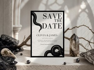 A snake themed save the date card stands on a ledge beside a crystal tower, a skull, and dark lace fabric.