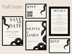 An overview of a full suite of wedding stationery items including invitations, details cards, and multiple RSVP formats adorned with black snake graphics.