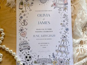 A close-up of a wedding invitation card surrounded by white lace fabric and a string of pearls.