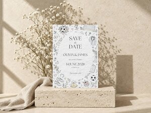 A Save the Date card stands on a stone block next to a sprig of baby's breath and folded fabric.