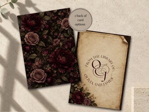 Two back-of-card options for a wedding invitation show a dark floral pattern on one and a library stamp design on the other.