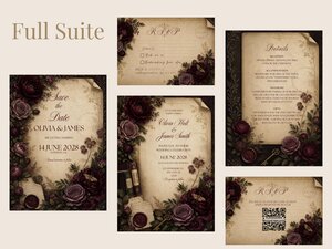 A full suite of dark academia wedding stationery featuring invitations, details cards, RSVP cards, and save-the-date cards.