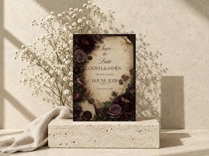Save the date wedding invitation upright on a stone block next to a sprig of white baby's breath and draped fabric.