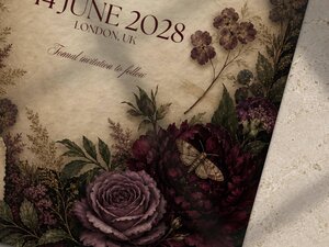 Close-up detail of the save the date invitation showing the textured parchment paper, a tiny moth resting on a dark red peony, and a purple rose.