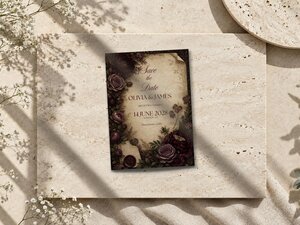 Save the date wedding invitation card featuring dark burgundy floral illustrations on an aged parchment background, lying flat on a stone surface.